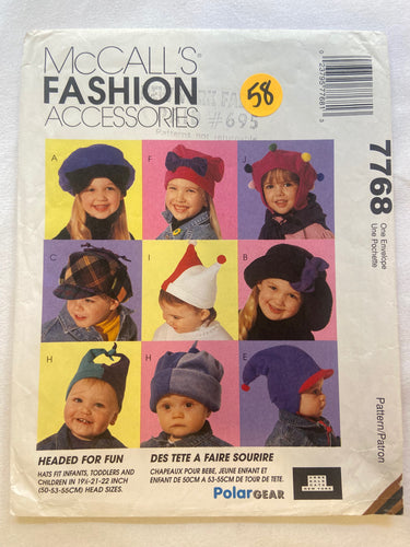 McCall's 7768 UNCUT Pattern Infants, Toddler & Children Fashion Accessories Kids' Hat - 58