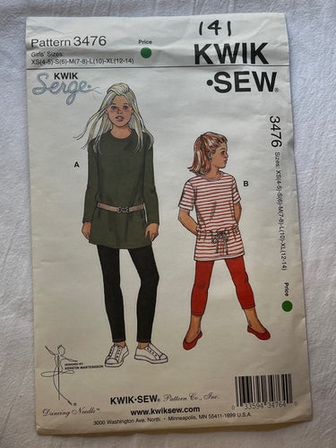 Kwik Sew Kwik Serge 3476 Pattern UNCUT Girl's Tunic and Leggings Size 4, 5, 6, 7, 8, 10, 12, 14