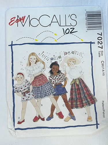 Easy McCall's 7027 Sewing Pattern PARTIALLY CUT Girls' Top, Skirt, & Shorts Sizes 7, 8, 10