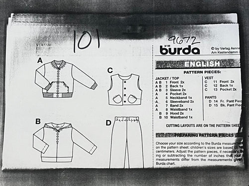Burda 9672 Sewing Pattern PARTIALLY CUT Childrens' Jacket, Vest, & Pants