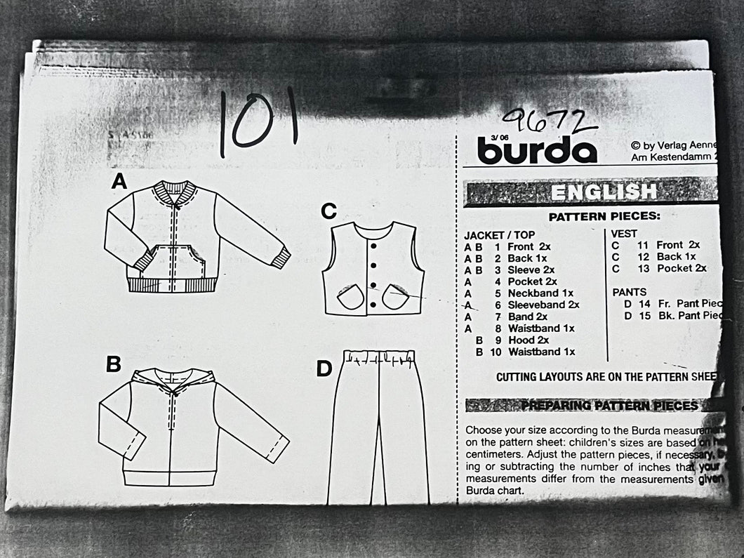 Burda 9672 Sewing Pattern PARTIALLY CUT Childrens' Jacket, Vest, & Pants