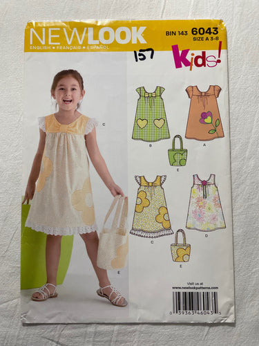 New Look Pattern 6043 CUT Girl's Dress & Tote Bag, Size 8
