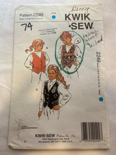 Kwik Sew 2249 Pattern PARTIALLY CUT Boys' & Girls' Vest sizes 4-14
