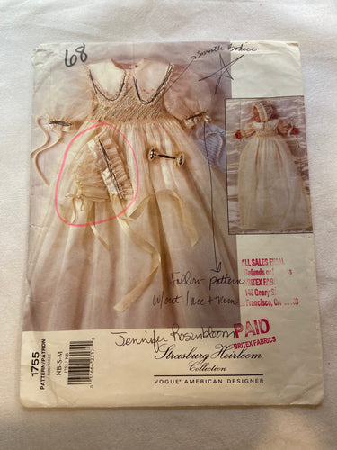 Vogue 1755 Pattern Strasburg Heirloom Collection CUT Infants' Dress, Bonnet & Transfer