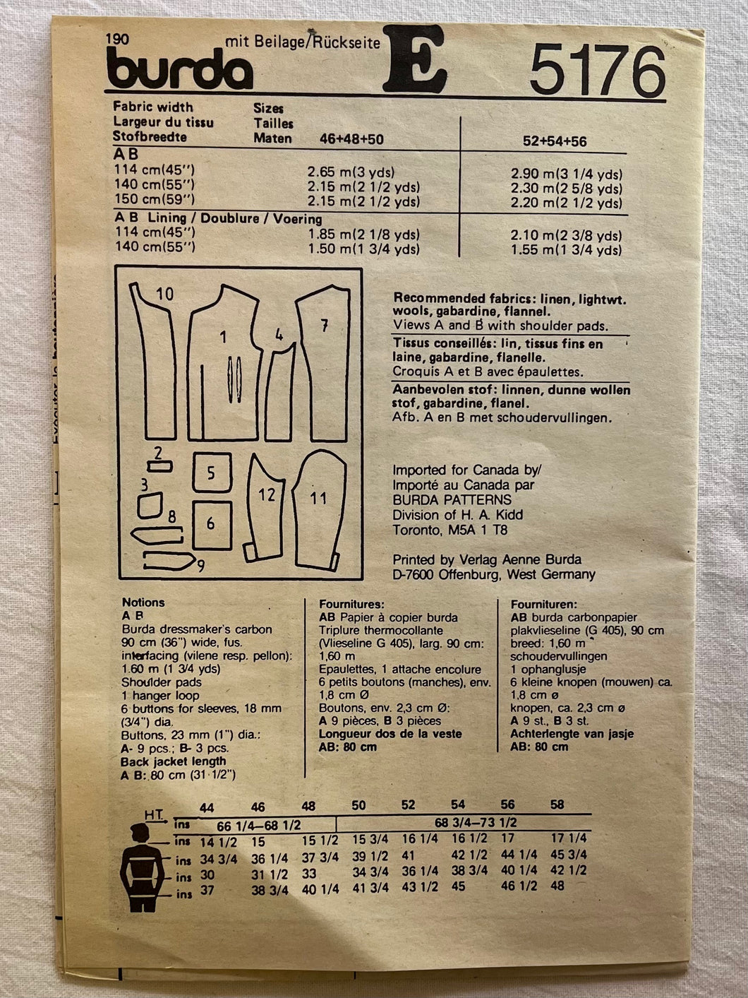 Burda 5176 UNCUT Men's Wear Sizes 46-50