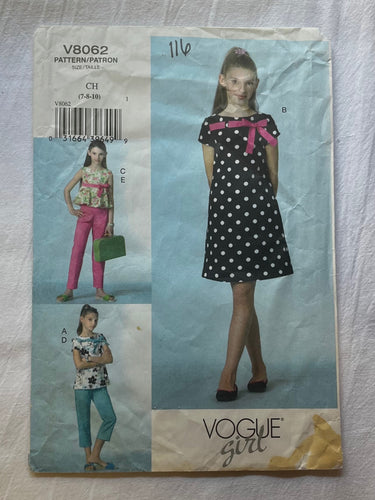 Vogue Girl V8062 Pattern PARTIALLY CUT Girls Dress, Top, Pants Sizes 7, 8, 10
