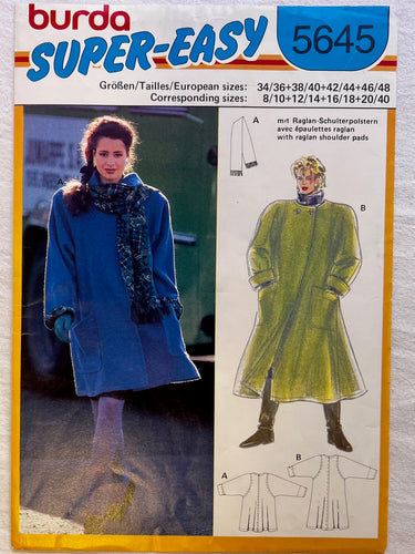 Burda Super Easy 5645 PARTIALLY CUT Coat Sizes S-XL