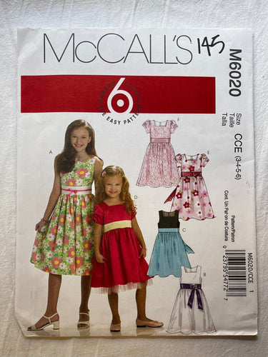 McCall's 6 M6020 Pattern UNCUT Girl's Dress Size 3,4,5,6
