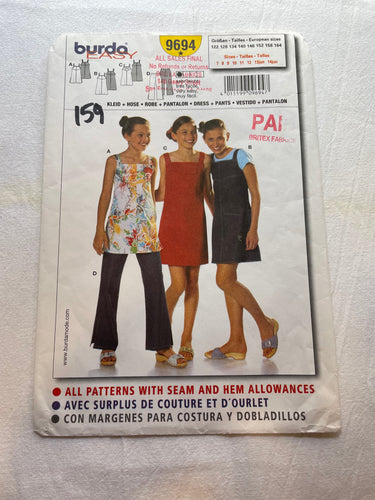 Burda Easy Pattern 9694 PARTIALLY CUT Girl's Dress & Pants, Sizes 7, 8, 9, 10, 11, 12, 13ju, 14ju