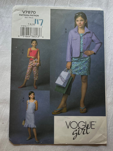 Vogue Girl V7870 Pattern PARTIALLY CUT Girls Dress, Top, Pants Sizes 7, 8, 10