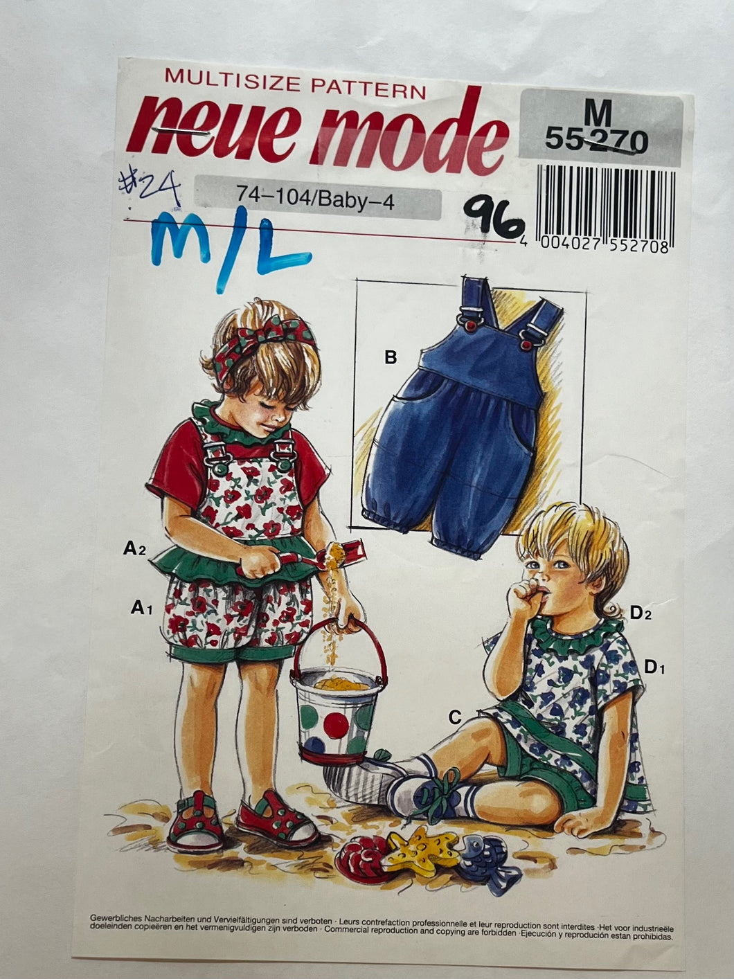 Neue Mode M55270 Sewing Pattern UNCUT Baby Overalls, Shirt & Shorts Sizes Baby-4