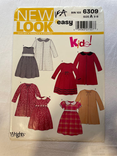 New Look Easy Pattern 6309 PARTIALLY CUT Girl's Dress & Coat, Size 3, 4, 5, 6, 7, 8
