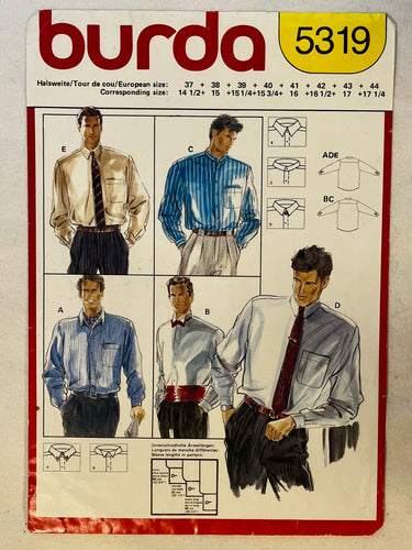 Burda 5319 PARTIALLY CUT Men's Wear Sizes 14.5-17.25