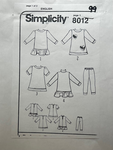 Simplicity 8012 Sewing Pattern PARTIALLY CUT Babys' Dress & Pants