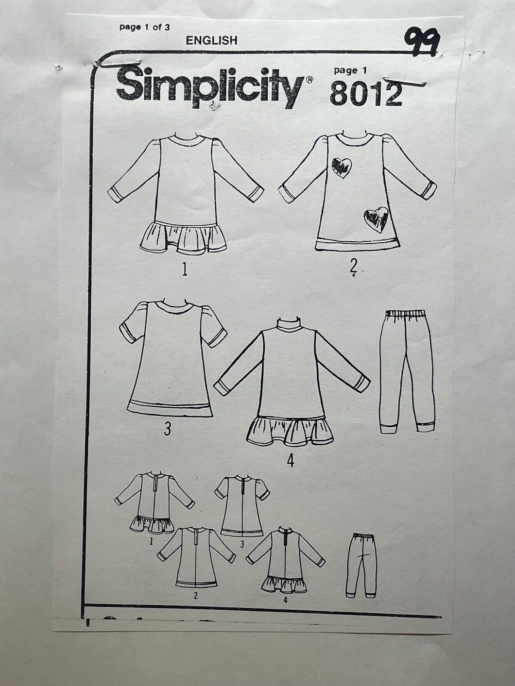Simplicity 8012 Sewing Pattern PARTIALLY CUT Babys' Dress & Pants