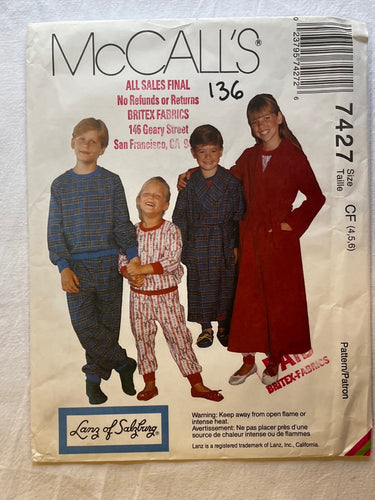 McCall's 7427 Pattern UNCUT Children's Sleepwear Sizes 4, 5, 6