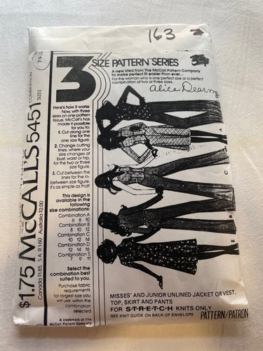 McCall's Carefree Pattern 5451 PARTIALLY CUT Girls Jacket or vest, top, skirt & pants, sizes 7,8,9,10,11