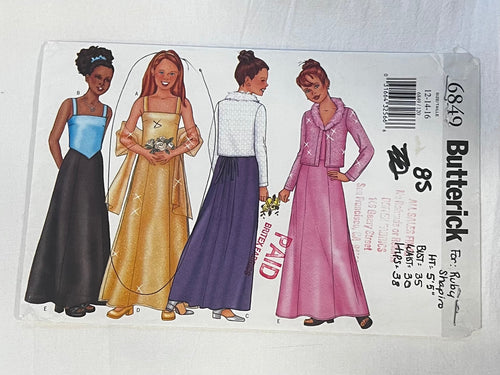Butterick 6849 Sewing Pattern PARTIALLY CUT Girls' Cardigan, Top Skirt, & Stole Sizes 12, 14, 16