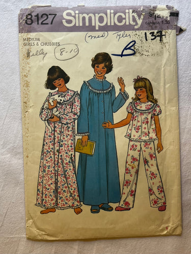 Simplicity 8127 Pattern PARTIALLY CUT Girl's Nightgown and Pajama's Sizes 7, 8, 9, 10, 12, 14