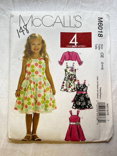 McCall's M6018 Pattern UNCUT Girl's Dress, Sash & Shrug Size 3,4,5