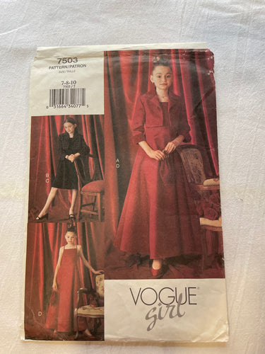Vogue Girl Pattern 7503 PARTIALLY CUT Girls Dress & Jacket, Sizes 7, 8, 10