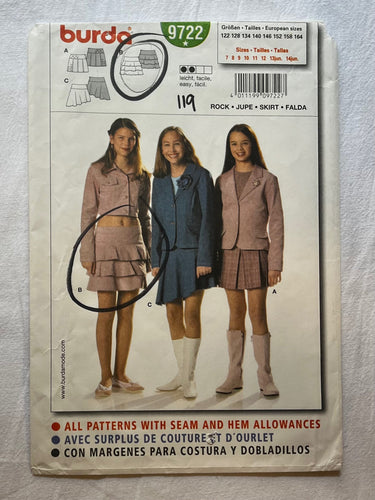 Burda 9722 Pattern CUT Girls Skirts Size 8