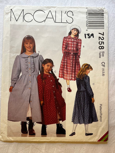 McCall's 7258 Pattern PARTIALLY CUT Girl's Dress Sizes 4, 5, 6