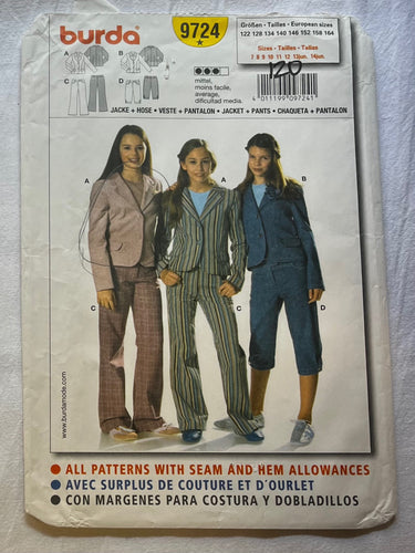 Burda 9724 Pattern UNCUT Girls Jacket and Pants Sizes 7-14