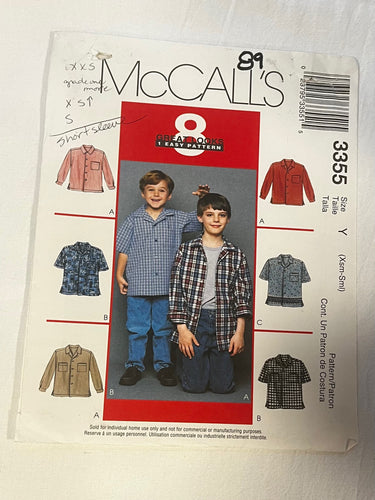 McCall's 3355 Sewing Pattern UNCUT Childrens' & Boys' Shirts Sizes XS/S