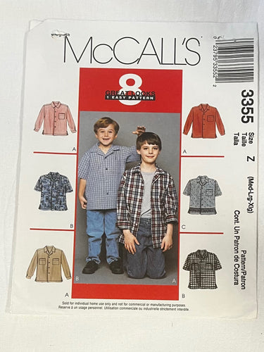 McCall's 3355 Sewing Pattern UNCUT Childrens' & Boys' Shirts Sizes M/L/XL