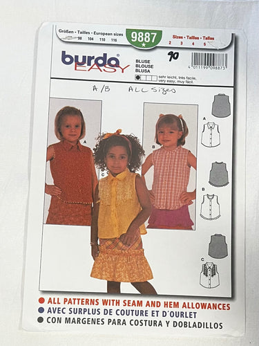 Burda Easy 9887 Sewing Pattern PARTIALLY CUT Childrens' Blouse Sizes 2-5