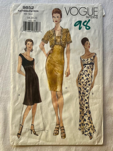 Vogue 9852 PARTIALLY CUT Misses Dress Sizes 18-22