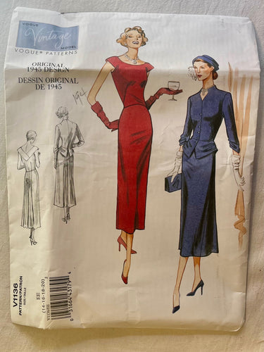 Vogue Vintage V1136 UNCUT Misses Dress Sizes 14-20