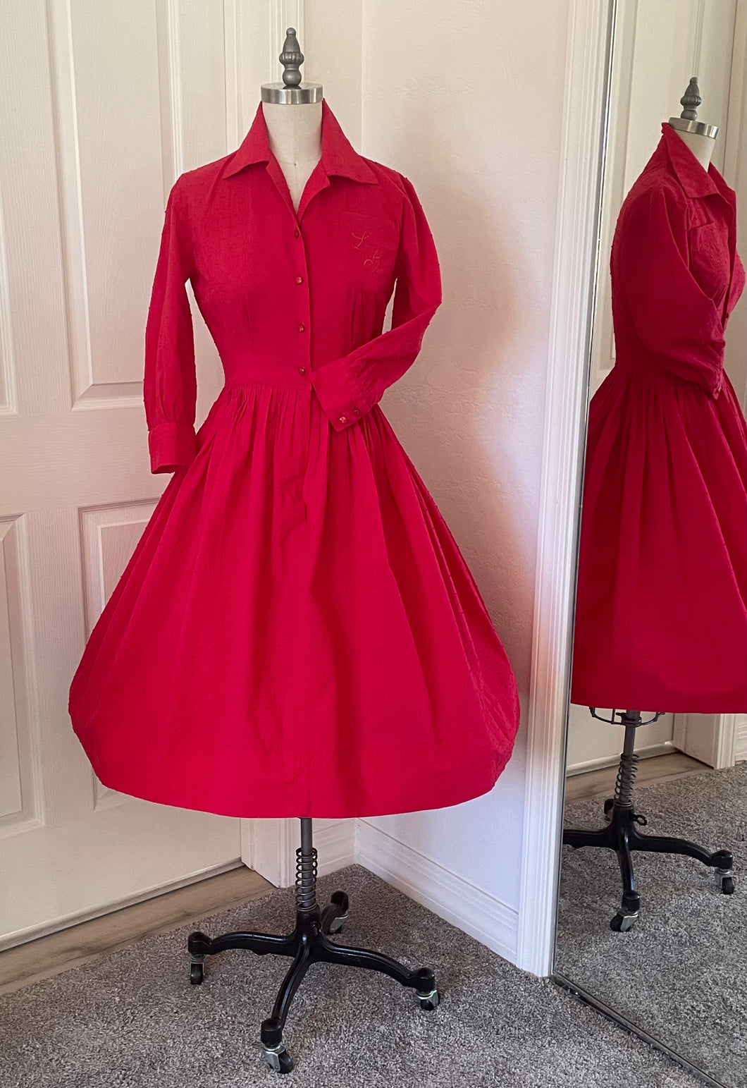 Red 50's Dress Swiss Dot Cotton