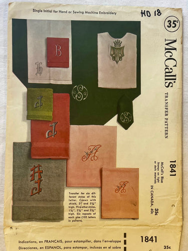 McCall's Transfer Pattern 1841 UNCUT Home/Accessories