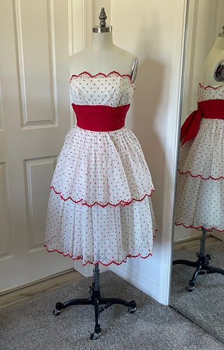 Strapless White and Red Polka Dot Dress
