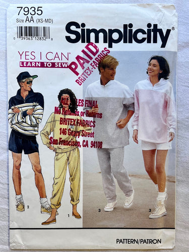 Simplicity 7935 UNCUT Adult Casual/Athletic Wear Sizes XS-MD