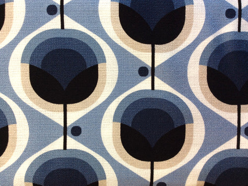 Modern Retro Geo Floral Blue Barkcloth